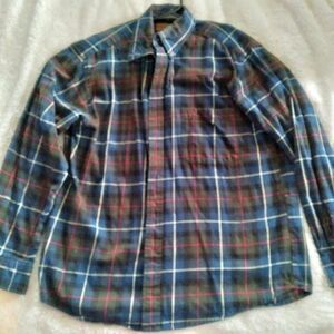 St Johns Bay Shirt Mens Large Blue Red Plaid Long Sleeve Button Down 100% Cotton